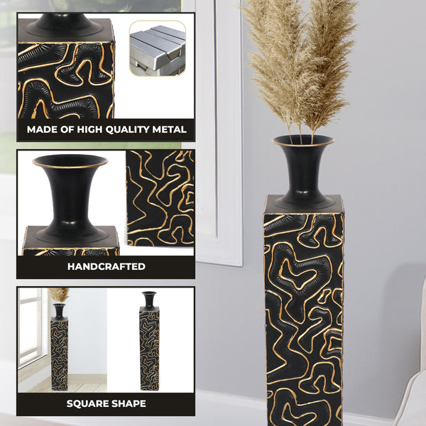Decorative Tall Metal Floor Vase, Indoor Decor for Home or Office, 32" Handmade Black Gold Accent by Sona Casa