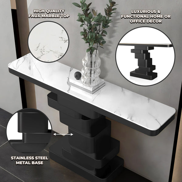 Modern 55" Console Table, High Quality White Marble Top, Matte Black Metal Steel Frame by Sona Casa