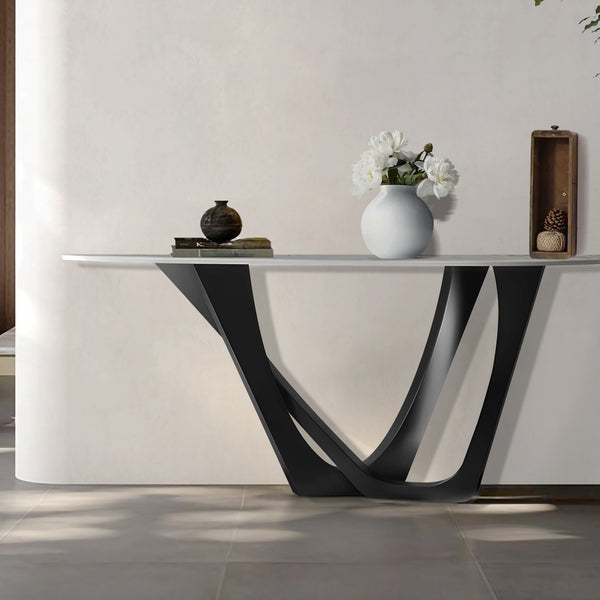 Modern 51" Console Table, High Quality White Marble Top, Stainless Steel Metal Matte Black by Sona Casa