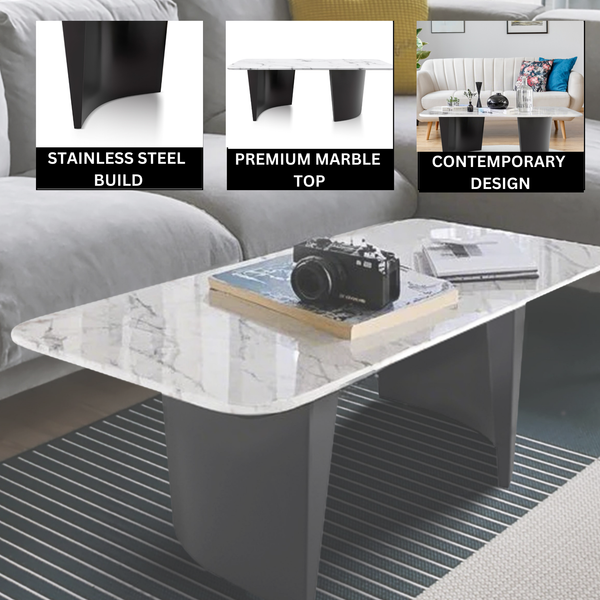 Modern 47" Rectangle Coffee Table, White Marble Top, Metal Matte Black Frame Home Decor by Sona Casa