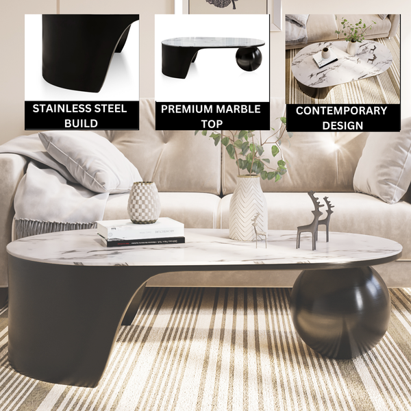 Designer 47" Coffee Table, Ball Base Design, White Artificial Marble Surface, Metal Matte Black Frame, Home Decor by Sona Casa