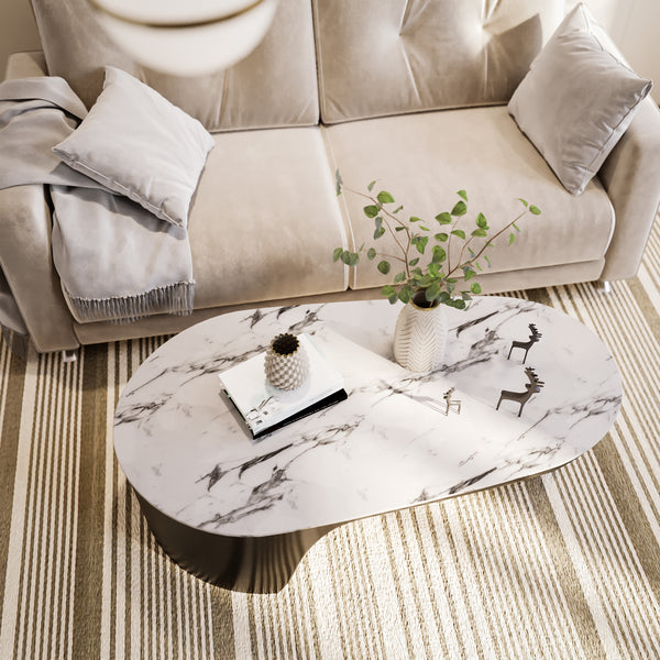 Designer 47" Coffee Table, Ball Base Design, White Artificial Marble Surface, Metal Matte Black Frame, Home Decor by Sona Casa