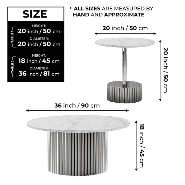 Modern Round Coffee Table Set 35" and 20" White Marble Top, Metal Silver Frame, Centerpiece by Sona Casa