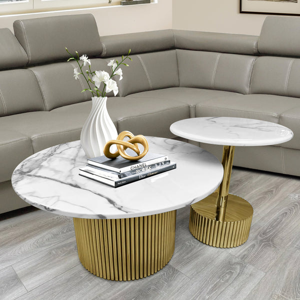 Modern Round Coffee Table Set 35" and 20" Centerpiece, Marble Surface, Metal Gold Frame by Sona Casa
