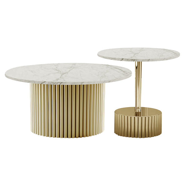 Modern Round Coffee Table Set 35" and 20" Centerpiece, Marble Surface, Metal Gold Frame by Sona Casa