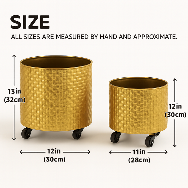 Golden Metal Foil Planter Set with Drain Plug, Indoor Plant Pot with Wheels for Fresh or Faux Plants Home Decor Gift-Sona Casa
