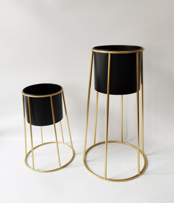 Modern Black Metal Pots Set Indoor Planters with Golden Stand for Fresh or Artificial Plants Living Room Office Decoration, Gifts-Sona Casa