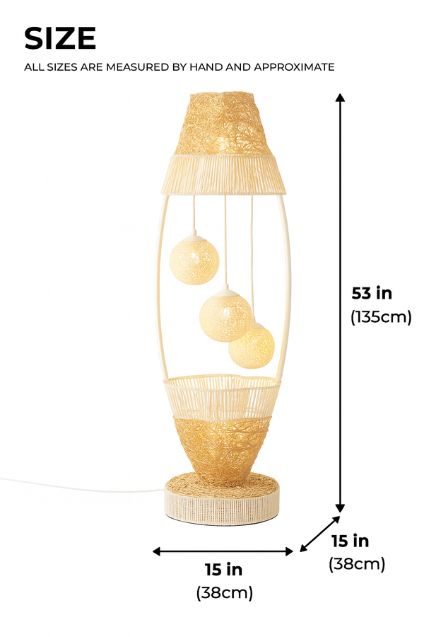 Tall LED Floor Lamp with Off White Cane Balls, Handmade Modern Decorative Accent, Ambient 4 LED Bulbs, Home Decor-Sona Casa