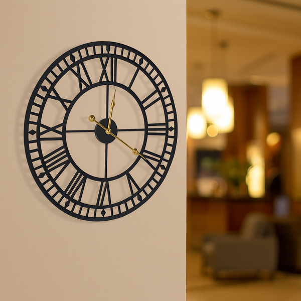 Oversized Round Metal Wall Clock, Large 32" Black Roman Numeral Silent Non Chime Clock, Home Office Decor-Sona Casa