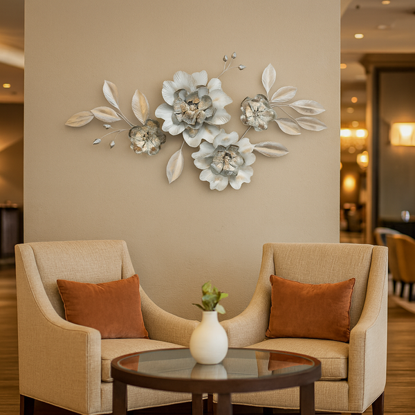 Large Metal Wall Art, 1.5m 3D Floral Sculpture, Modern Silver Flower Wall Decor for Living Room, Bedroom & Entryway-Sona Casa