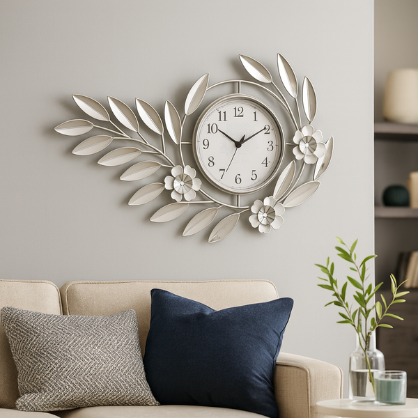 Large Silver Metal Wall Clock, Modern Floral Silent Quartz Decor for Living Room & Home, Analog Decorative Clock-Sona Casa