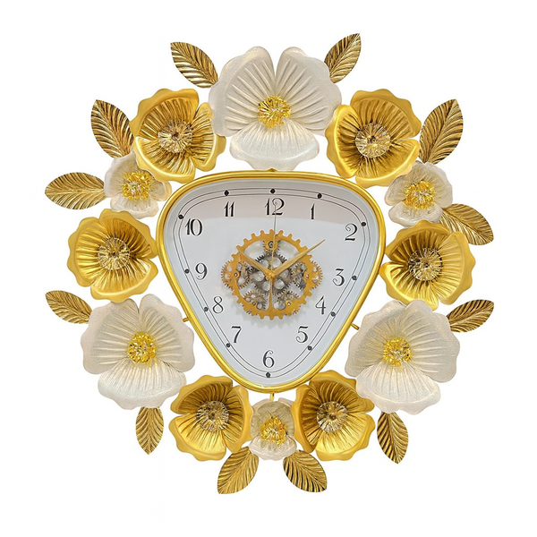 Gold and White Floral Designer Wall Clock, Large Modern Metal Art, Silent Geometrical Triangle Clock for Home Living Room Decor-Sona Casa