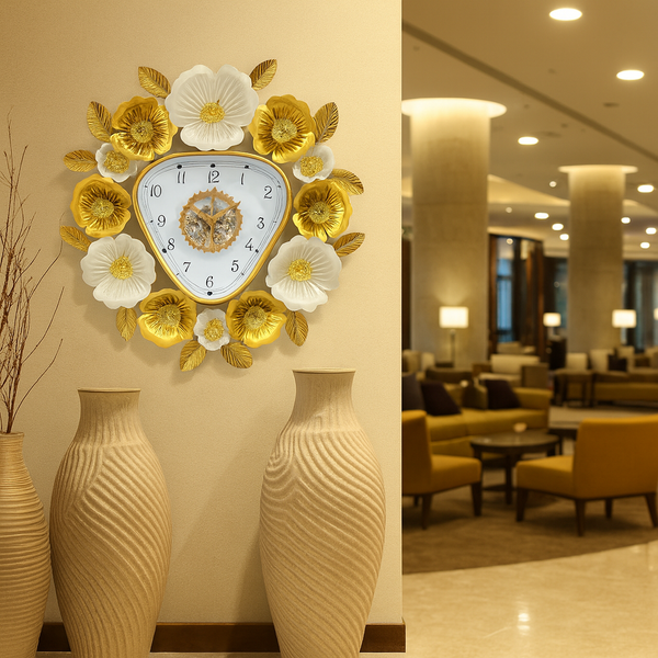 Gold and White Floral Designer Wall Clock, Large Modern Metal Art, Silent Geometrical Triangle Clock for Home Living Room Decor-Sona Casa