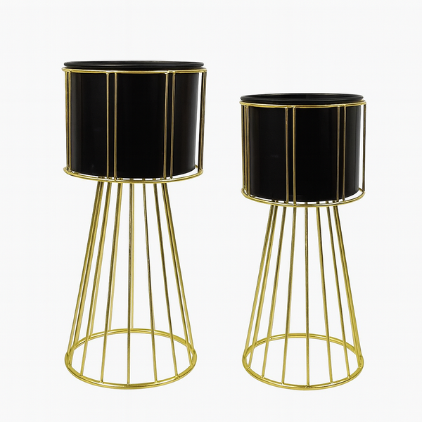 Contemporary Black & Gold Metal Planter Pair, Set of 2 Tall Indoor Plant Stands for Home Decor-Sona Casa