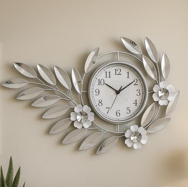 Large Silver Metal Wall Clock, Modern Floral Silent Quartz Decor for Living Room & Home, Analog Decorative Clock-Sona Casa