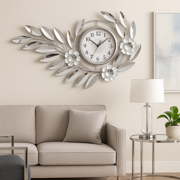 Large Silver Metal Wall Clock, Modern Floral Silent Quartz Decor for Living Room & Home, Analog Decorative Clock-Sona Casa