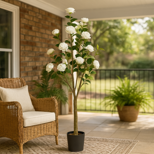 Faux Camellia Tree, 5 ft Tall Faux White Camellia Tree Plant in Cement Base, Indoor Decor for Home or Office, Housewarming Gift-Sona Casa