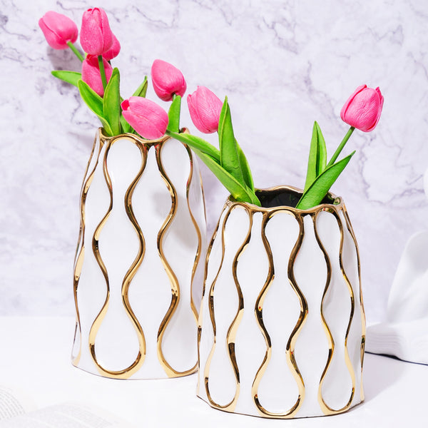 Elegant White Ceramic Flower Vase With Golden Trim - Perfect For Bouquets & Bohemian Decor, Ideal Centerpiece & Entryway Enhancer by Sona Casa