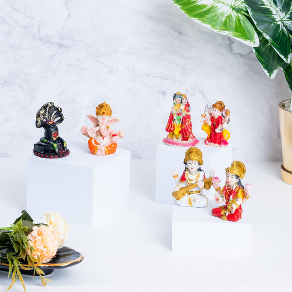 Multicolor Polyresin Mini Hindu God Figurines Set, 2" Pooja Mandir Decor by Sona Casa