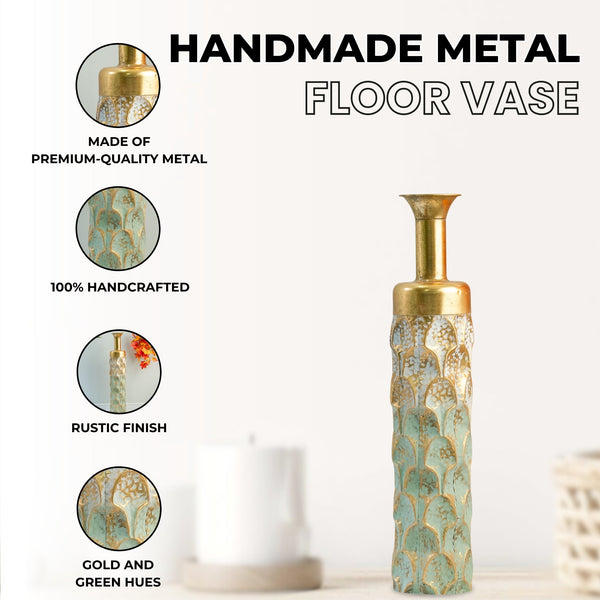 Handmade Floor Vase, Tall Floor Vase, Golden and Green Large Metal Floor Vase, Pampas Vase, Rustic Finish, 31 inch, Home Decor for Farmhouse, Vintage, Chic Space by Sona Casa