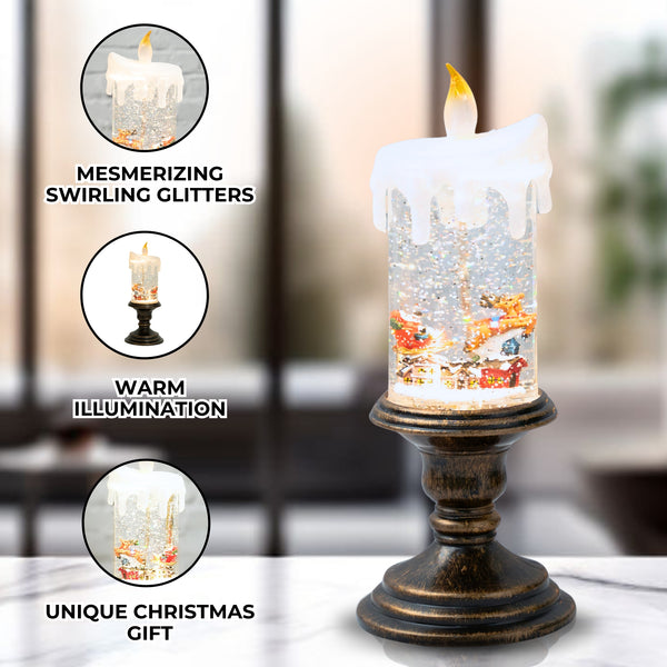 Christmas Snow Globe Lantern with Santa, Snowflakes 11" Xmas Ornament by Sona Casa