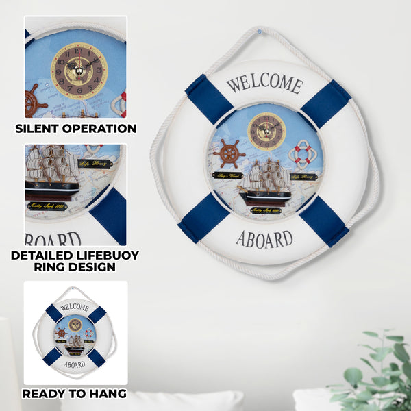 High Quality Lifebuoy Silent Wall Clock, 14" Nautical Home Decor by Sona Casa