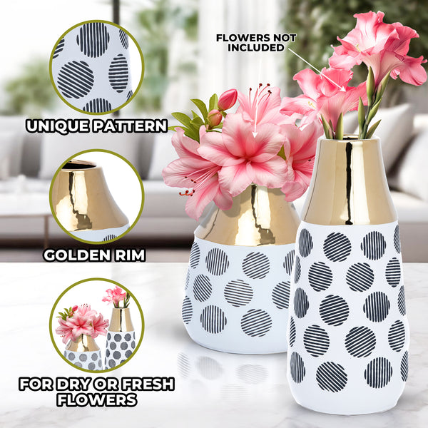 White Ceramic Bouquet Vase Pair, 8" and 13" Abstract Decorative Vase by Sona Casa