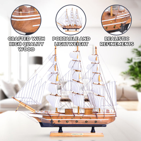 Brown And White Wooden Ship Model With Realistic Cloth Sails, Marine-Inspired Decoration For Nautical Charm by Sona Casa