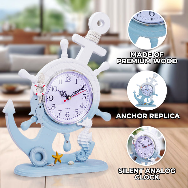 Wooden Anchor with Clock Decorative Tabletop Statue, Marine Decor, Cottage, Office, Bedroom, Living Room, Home Decoration, Gift by Sona Casa