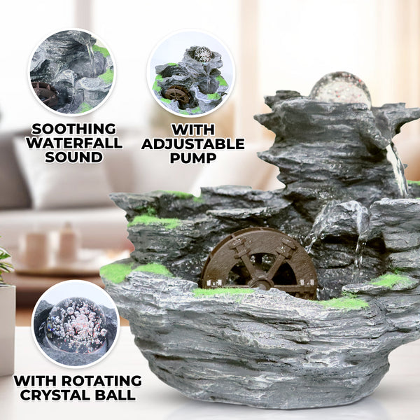 Indoor Fountain with Adjustable Pump, Light, Revolving Crystal, 10" Desktop Relaxation Waterfall by Sona Casa