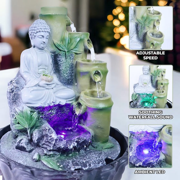 Indoor Waterfall with Buddha Statue, Pump, Lights 11" Decor by Sona Casa