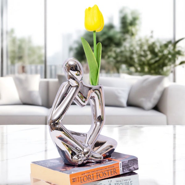 Unique Silver Ceramic Bud Vase, 7" Abstract Thinker Statue, Table, Shelf, Desk Decoration, 1 Tulip Flower Included by Sona Casa