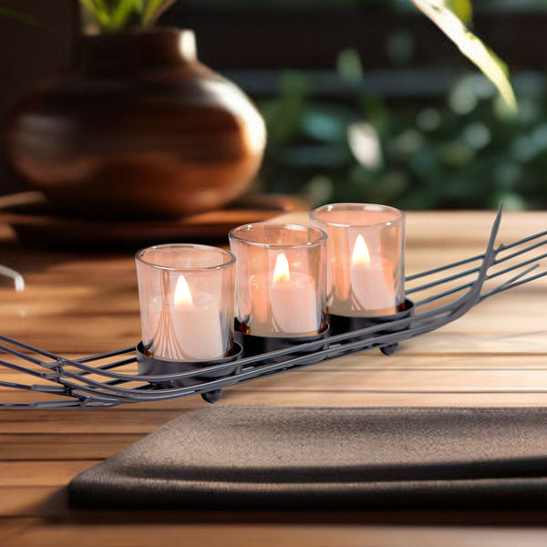 Black Metal Decorative Tealight Candle Holder, 15" Wide, 3 Glass Containers, Modern Abstract Design, Unique Gifts by Sona Casa