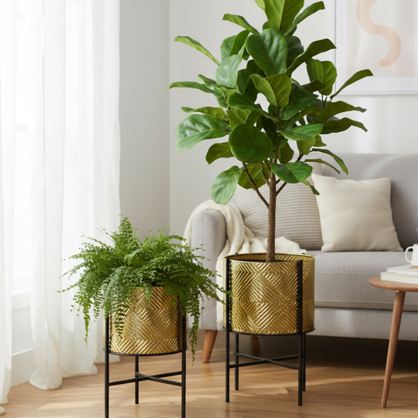 Rustic Golden Planters, Textured Foil Surface, Metal Plant Pots Pair with Black Stand, Unique Indoor Decor Gifts-Sona Casa