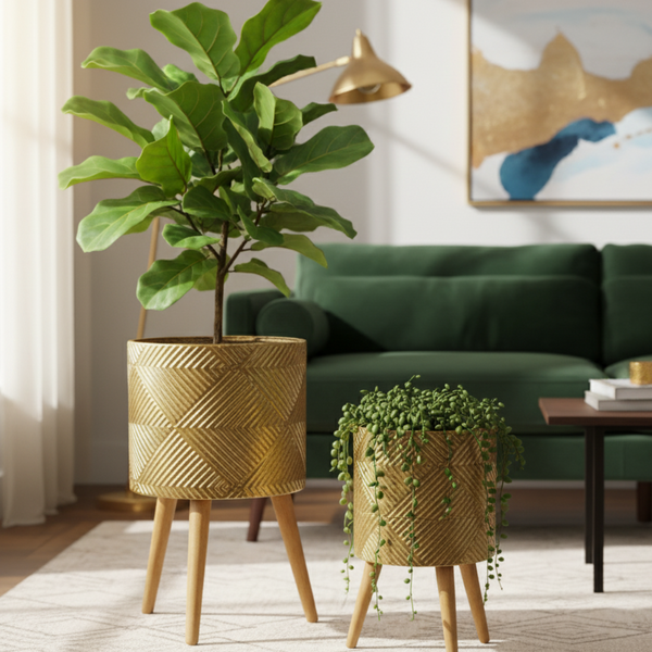 Rustic Gold Foil Metal Plant Pots Set with Stand for Fresh or Artificial Plants, Indoor Home Office Decor, Gifts-Sona Casa