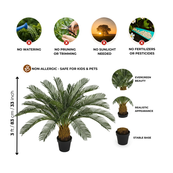 Artificial Sago Palm Plant, Indoor Home Office Decor, Realistic 83 cm Tropical Faux Cycas Plant with Stable Base-Sona Casa