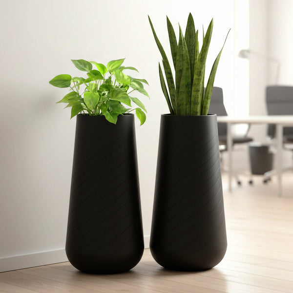 Set of 2 Tall Black Indoor Self Watering Decorative Planters, 27 Inch Tall Black Planter with Riser Pot, Drain Hole-Sona Casa