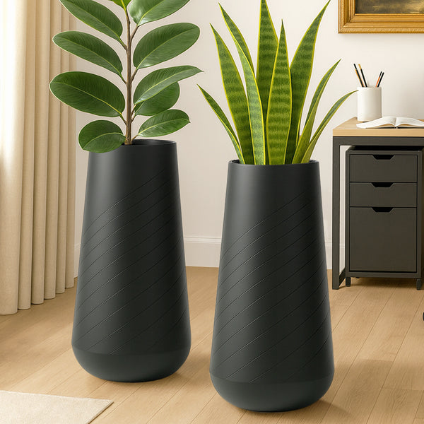 Set of 2 Tall Black Indoor Self Watering Decorative Planters, 27 Inch Tall Black Planter with Riser Pot, Drain Hole-Sona Casa