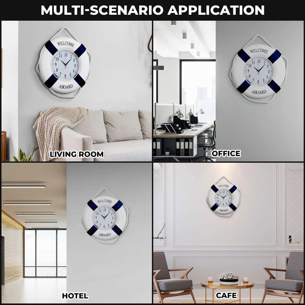 Nautical Round Wall Clock, 18" Silent Decorative Clock, Lifebuoy Coastal Beach Themed Decor, Nautical Gifts by Sona Casa