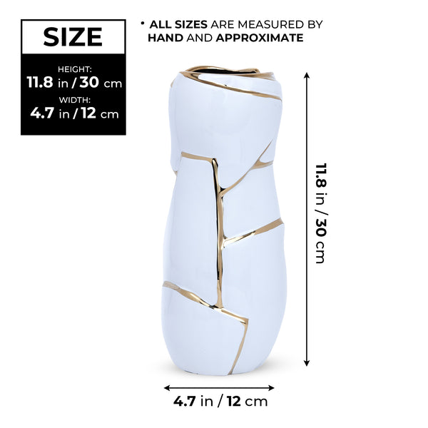 Abstract White Ceramic Golden Lines Vase - Elegant Table Centerpiece For Fresh & Faux Flowers by Sona Casa