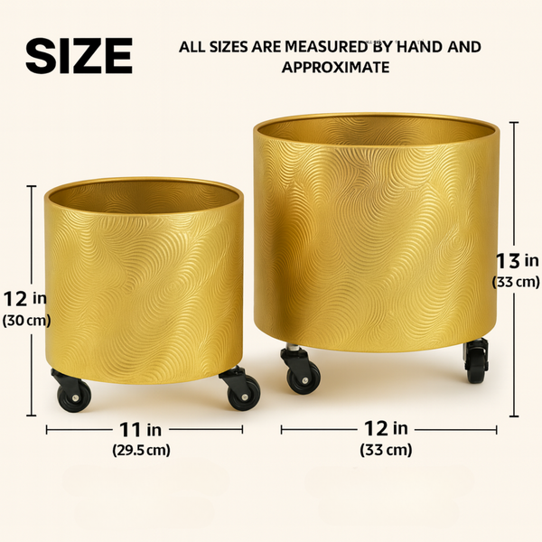 Gold Metal Foil Planters Set with Wheels and Drain Plug, Indoor Pot for Fresh or Faux Plants Home Decor Gift-Sona Casa