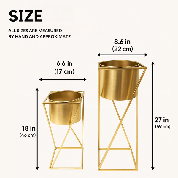 Modern Gold Planter Set with Stands, Set of 2 Tall Metal Indoor Plant Pots for Home, Office, Living Room Decor