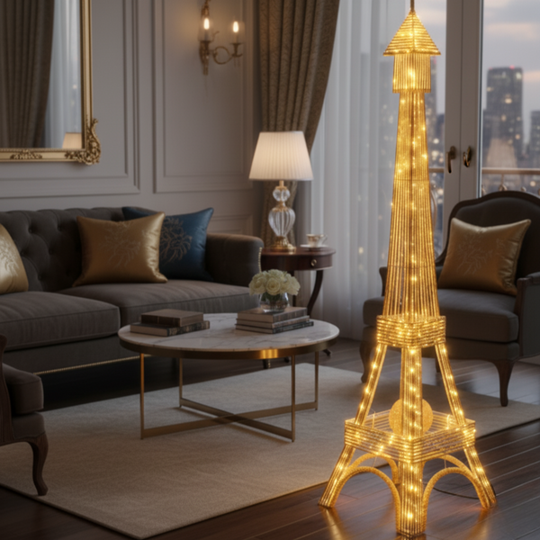 Tall Eiffel Tower LED Floor Lamp 63 inch Modern Decorative Paris France Model with Gold Frame & White LED Ambient, Home Decor Lighting-Sona Casa