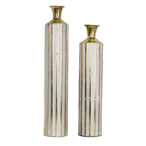 2 Piece Rustic Metal Floor Vases, Tall Vases, Golden White Distressed Design, Rustic Decorative Vase for Home, Indoor Decor Large 33 inch 83 cm Medium 27 inch, 70 cm by Sona Casa