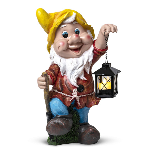 Outdoor Gnome Statue, Metal Lantern, Large 16" Yard Art by Sona Casa