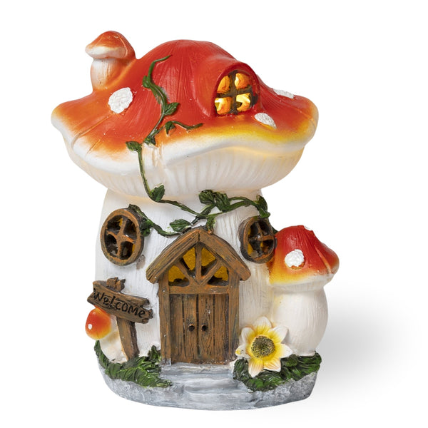 Enchanted Red & White Polyresin Mushroom House Solar Light, Whimsical Outdoor Garden Decor & Fairy Statue by Sona Casa
