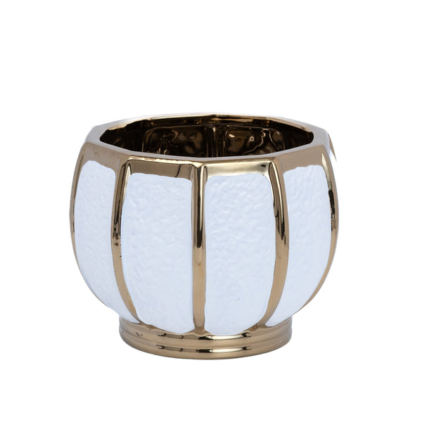 White Ceramic Bowl, Textured Bowl with Golden Stripes, Tabletop Decor Bowl, Fresh Flower Vase for Kitchen Countertop, Dining Table, Bathroom, Entryway, Corridor by Sona Casa