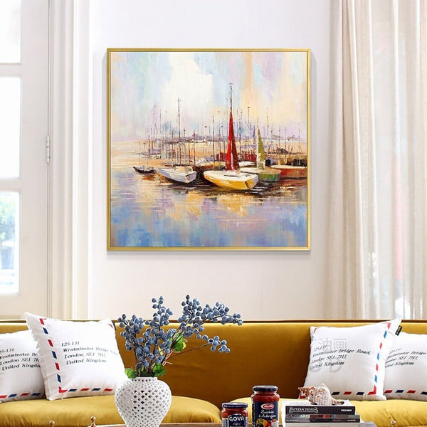 Colorful Marina Boat Painting Wall Art, Abstract Wall Art for Living Room, Painting on Canvas, Hand Painted Oil Painting for Home Decor by Sona Casa