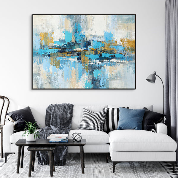 Random Strokes Large Abstract Canvas Painting - Blue and Gold Handmade Art for Living Room Decor, Unique Housewarming Gift by Sona Casa