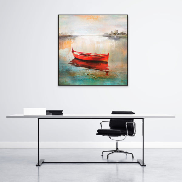 Boat Art - Handmade Abstract Lake Scene, Textured Canvas Painting for Modern Living Space or Office Wall Decor by Sona Casa